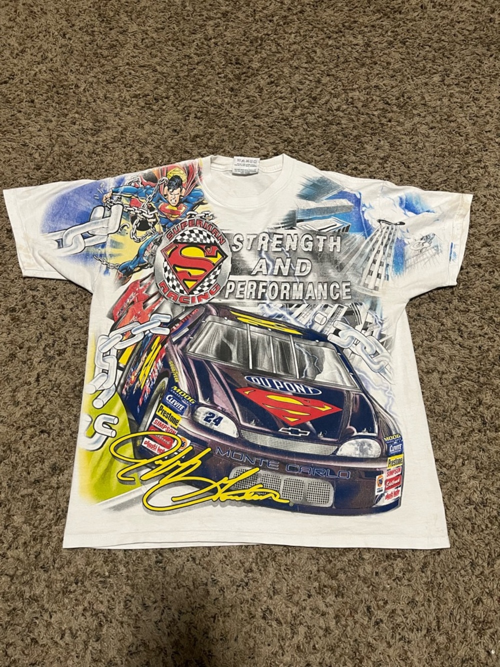 Chase Authentics Jeff Gordon Superman NASCAR DuPont Monte Carlo Shirt M White